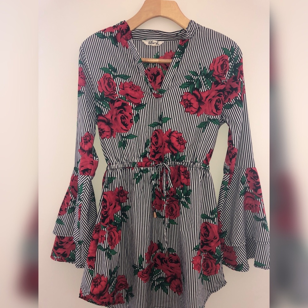 Red Rose Stripped Long Sleeve Dress